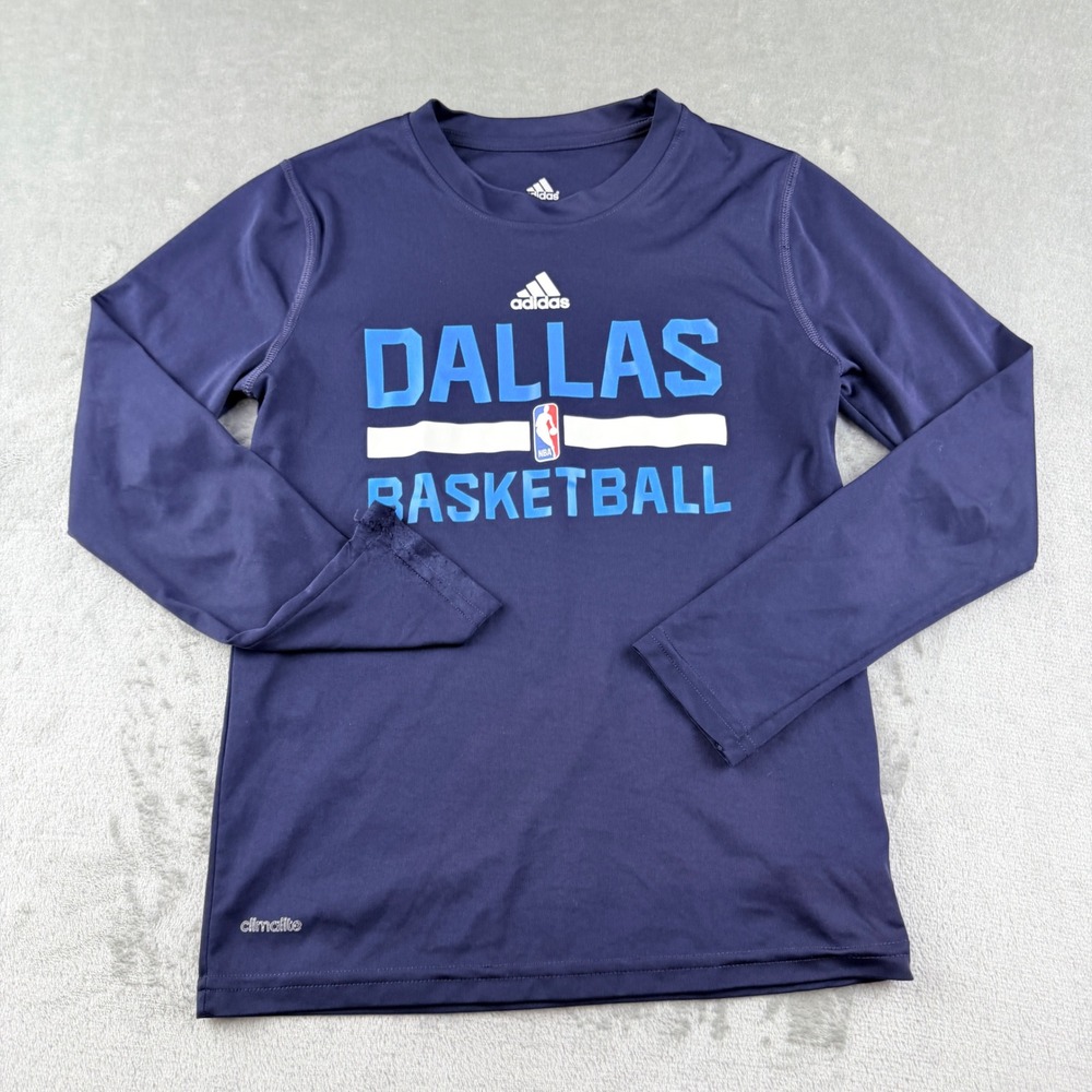 Adidas Kids Small Dallas Mavericks Basketball NBA Long Sleeve Shirt Navy Blue